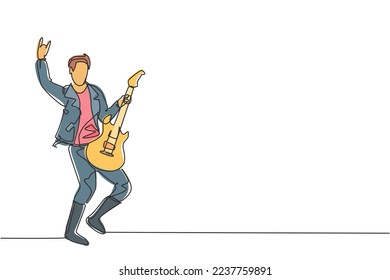 One single line drawing of young happy male guitarist playing electric guitar on music festival stage. Musician artist performance concept continuous line draw design vector graphic illustration