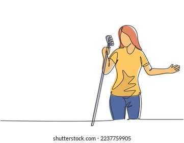One single line drawing of young happy female singer holding a microphone and singing on music concert. Musician artist performance concept continuous line draw graphic design vector illustration