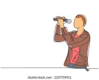 One single line drawing of young happy male rock singer holding microphone and singing on music festival stage. Musician artist performance concept continuous line draw design vector illustration