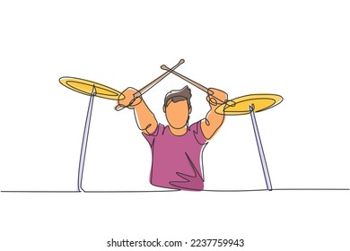 One single line drawing of young male drummer crossing the drumstick while playing drum set on music festival stage. Musician artist performance concept continuous line draw design vector illustration