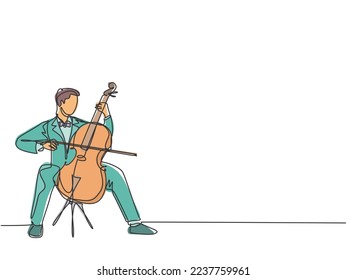 One single line drawing of young happy male cellist performing to play cello on classical orchestra concert. Musician artist performance concept continuous line graphic draw design vector illustration