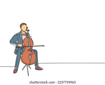 One single line drawing of young happy male cellist performing to play cello on classical orchestra theater. Musician artist performance concept continuous line draw graphic design vector illustration