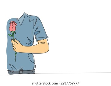 One single line drawing of young happy man holding beautiful rose flower as gift on his chest. Greeting card, invitation, logo, banner, poster concept continuous line draw design vector illustration