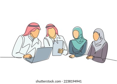 Eine einzige Linie, in der junge, glückliche Geschäftsleute über Deal-Projekt diskutieren. Saudi-Arabien-Stoffmagen, Kandora, Kopftuch, Thai, Hijab. Design der kontinuierlichen Linien, Vektorgrafik