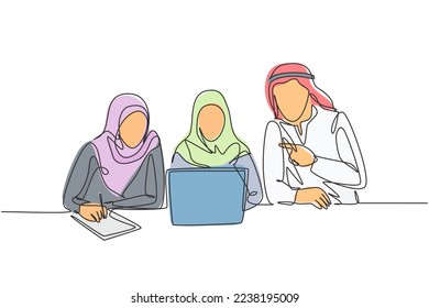 Un dibujo de una sola línea de empleados jóvenes musulmanes toma horas extra para terminar las obras. Hijab de tela saudita, kandora, pañuelo en la cabeza, ghutra. Ilustración vectorial de dibujo de línea continua