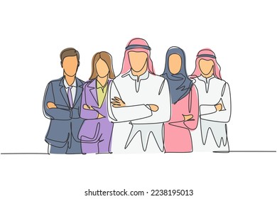 Un dibujo de una sola línea de jóvenes y felices trabajadores musulmanes se alinean juntos. Sombrero de tela saudita, kandora, pañuelo en la cabeza, túnica, hijab. Ilustración vectorial de dibujo de línea continua