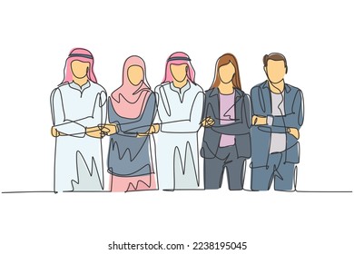 One single line drawing of young happy male ande female muslim managers holding hands together. Saudi Arabia cloth shmag, kandora, headscarf, thobe. Continuous line draw design vector illustration