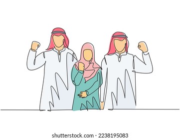 One single line drawing of young happy male and female muslim employees raising hands to celebrate job promotion. Saudi Arabia cloth headscarf, hijab. Continuous line draw design vector illustration