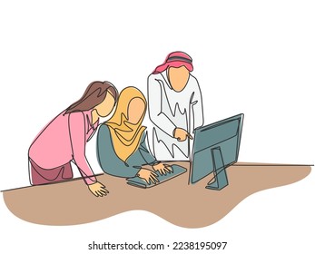 One single line drawing of young muslim employees discussing business proposal with colleagues. Saudi Arabia cloth kandora, headscarf, thobe hijab. Continuous line draw design vector illustration