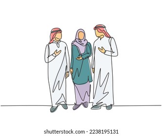 Eine einzige Zeichnung des jungen städtischen Mietwagens, der auf der Stadtstraße zusammen spaziert. Saudi-Arabien-Stoffschild, Kopftuch, Hals, Ghutra, Hijab, Schleier. Design der kontinuierlichen Linien, Vektorgrafik