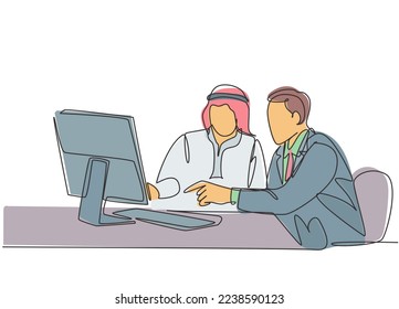 One single line drawing of young happy muslim businessman discussing budget plan with colleague. Saudi Arabia cloth shmag, kandora, headscarf, thobe. Continuous line draw design vector illustration