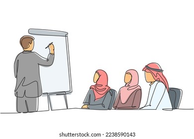 Un dibujo de una sola línea de jóvenes felices musulmanes aprendiendo estrategia de negocios de un consultor. Sombreado de tela saudita, kandora, pañuelo en la cabeza, túnica, ghutra. Ilustración vectorial de dibujo de línea continua