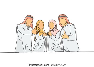 One single line drawing of young happy muslim businesspeople line up neatly and give thumbs up. Saudi Arabia cloth shmag, kandora, headscarf, ghutra. Continuous line draw design vector illustration