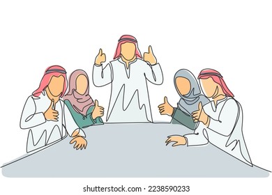 One single line drawing of young happy muslim businessman and his diversity team give thumb up. Saudi Arabia cloth shmag, headscarf, thobe, ghutra. Continuous line draw design vector illustration