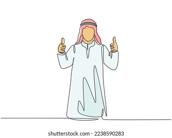 Eine einzelne Zeichnung eines jungen, glücklichen Teammitglieds, das eine Daumen-up-Geste gibt. Saudi-Arabien-Stoffmagen, Kandora, Kopftuch, Dehe, Ghutra. Design der kontinuierlichen Linien, Vektorgrafik