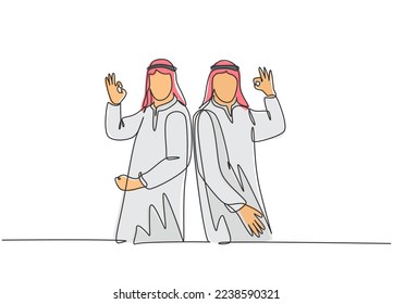One single line drawing of young happy muslim employees give OK alright hands gesture. Saudi Arabian businessmen with shmag, headscarf, thobe, ghutra. Continuous line draw design vector illustration