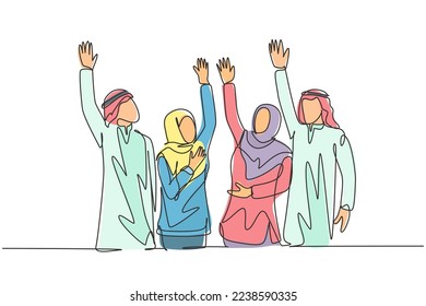 One single line drawing of young happy muslim business people raise their hands. Saudi Arabian businessmen with shmag, kandora, headscarf, thobe ghutra. Continuous line draw design vector illustration
