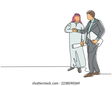 Un dibujo de una sola línea de un joven y feliz cantante de rock masculino sosteniendo un micrófono y cantando en el escenario de un concierto de música. Concepto de rendimiento de artista musical diseño de dibujo de línea continua ilustración vectorial