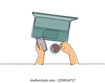 One single line drawing of young happy business manager typing on smartphone do online shopping while holding a cup of coffee. Drink tea concept continuous line draw symbol design vector illustration