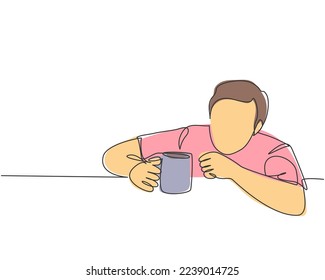 One single line drawing of young desperate worker staring blankly to a mug of coffee while order drink at cafe. Drinking coffee or tea concept continuous line draw symbol design vector illustration