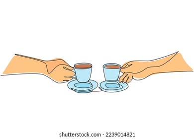 One single line drawing of young male and female couple enjoying a cup of coffee together at coffee shop. Romantic date drinking coffee concept continuous line draw design illustration