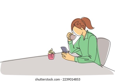 One single line drawing of young female marketing manager chatting with her team member while take a relax at coffee shop. Drinking tea concept continuous line draw vector design graphic illustration