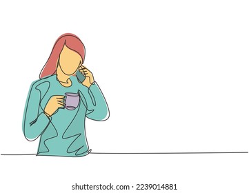 One single line drawing of young female office employee calling her work partner while holding a cup of coffee drink. Drinking tea concept continuous line draw graphic design vector illustration