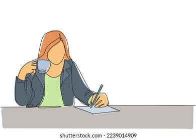 One single line drawing of young businesswoman writing a business idea draft while holding a cup coffee drink at office. Drinking tea concept continuous line draw design vector graphic illustration