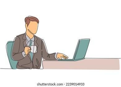One single line drawing of young happy manager typing on a laptop keyboard while holding a cup of coffee on his hand. Drinking tea concept continuous line symbol draw design vector illustration