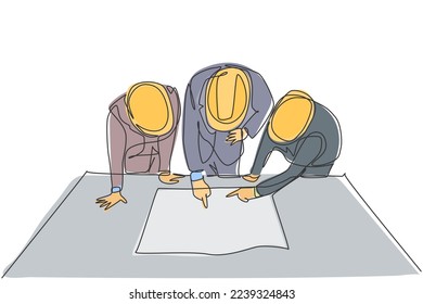 One single line drawing young architects   manager meeting at construction site to discuss draft blueprint design  Building architecture business concept  Continuous line draw design illustration