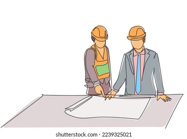 One single line drawing of young architect explaining sketch construction design to the manager. Building architecture business concept. Continuous line draw design illustration