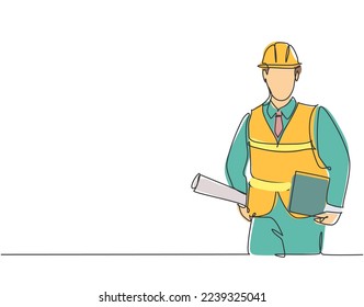 One single line drawing of young architect holding draft blueprint design roll paper and a clipboard. Building architecture business concept. Continuous line draw vector graphic design illustration