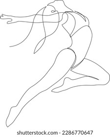 One single line drawing of young beauty dancer woman on jumping exercise. Choreographic move concept. Flight, passion modern continuous line draw design. Vector illustration.