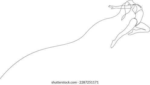 Una sola línea de dibujo de una joven bailarina de belleza sobre el ejercicio de saltar. Concepto de movimiento coreográfico. Flight, pasión diseño de traza de línea continua moderna. Ilustración vectorial.