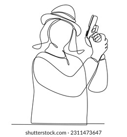 Un dibujo de una sola línea de una joven que practica disparar a objetivos dentro de un rango en el campo de entrenamiento de tiro ilustración gráfica vectorial. El concepto de deporte de tiro con paloma de arcilla. Diseño de planos