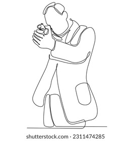 One single line drawing of young man practicing to shoot target within range on shooting training field vector graphic illustration. Clay pigeon shooting sport concept. Drawing design