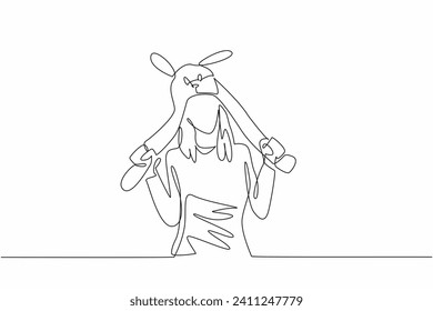 One single line drawing of young cute beauty girl wearing funny adorable rabbit animal character hat. Cap from quality fluffy fabric material. National Hat Day