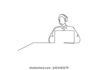 One single line drawing of young male customer service care working and  sitting in front of computer. Call center concept continuous line draw design vector illustration