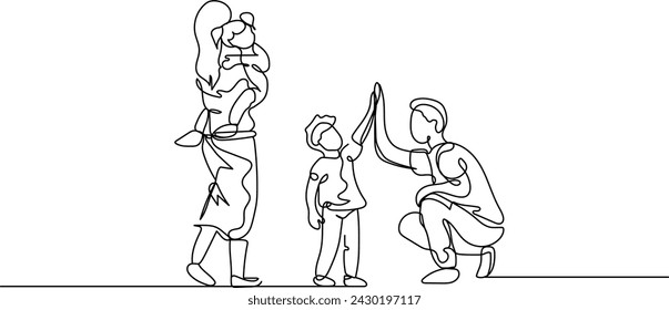 Una sola línea de dibujo de un joven padre dando cinco a su hijo mientras la madre lleva a la hija dormida ilustración vectorial. Concepto de crianza familiar feliz. Diseño moderno de dibujo de línea continua