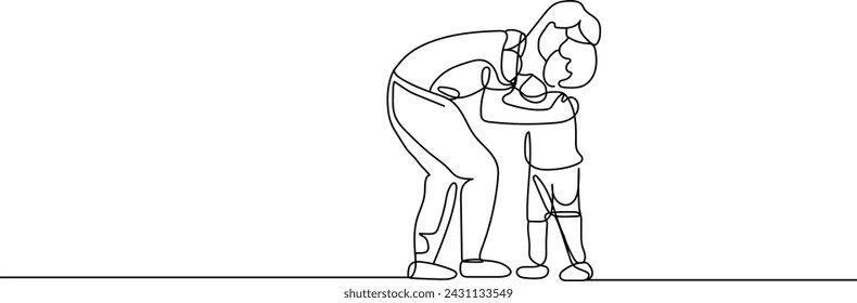 One single line drawing of a young father and his son. Young father hugging his son. Vector Line art drawing.