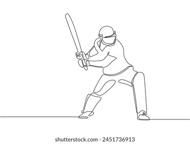 One single line drawing of young energetic cricket player