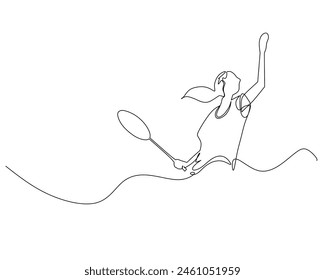 One single line drawing of young energetic badminton player jumping and smash shuttlecock vector illustration. Healthy sport concept. Modern continuous line draw design for badminton tournament poster