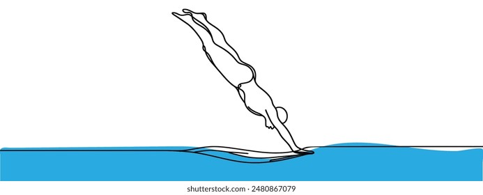 One single line drawing of young energetic woman diving into the swimming pool after beauty jumping somersault vector illustration. Healthy lifestyle sport concept. Modern continuous line draw design