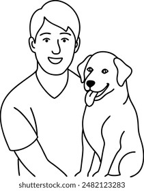 One single line drawing of young happy boy giving high five gesture to his puppy dog at outfield park. Pet care and friendship concept. Continuous line draw graphic design vector illustration..