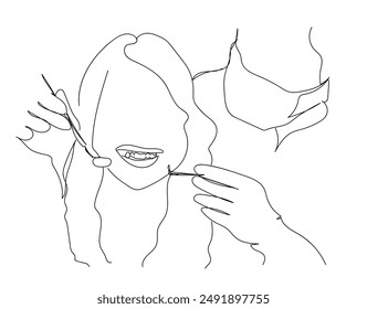 Una sola línea de dibujo de la dentista joven feliz femenina examinando y haciendo el diente de relleno a la paciente joven hermosa. Concepto de cuidado de tratamiento de dientes Ilustración vectorial de diseño de dibujo de línea continua