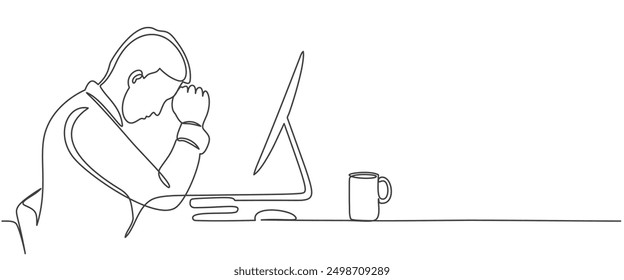 One single line drawing of young tired male employee stress on the work desk with computer. Work overload fatigue concept continuous line draw design vector illustration