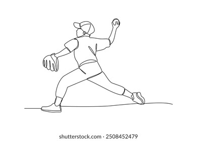 Un solo dibujo de línea de un joven hombre enérgico deporte de béisbol que lanza la pelota. Deportes individuales, concepto de entrenamiento. Diseño moderno de trazado de líneas continuas para el Anuncio de competición deportiva.