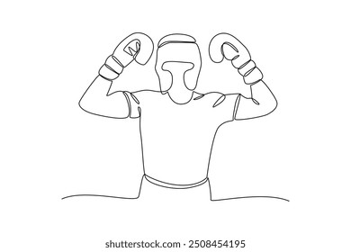 One single line drawing of young man use body protection at boxing sport . Individual sports, training concept. Modern continuous line draw design for sports competition banner.
