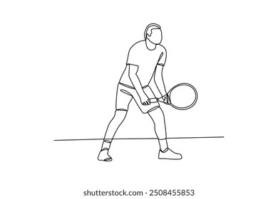 Un dibujo de una sola línea de un joven se estaba preparando para esperar a que se lanzara la pelota de tenis. Deportes individuales, concepto de entrenamiento. Diseño moderno de trazado de líneas continuas para el Anuncio de competición deportiva.