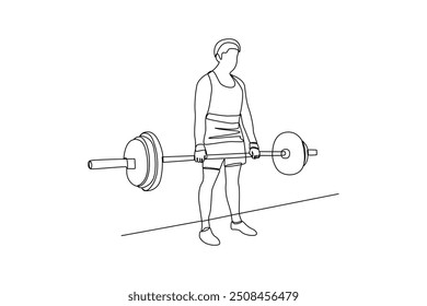 One single line drawing of young man is using dumbbells for gym exercises. Individual sports, training concept. Modern continuous line draw design for sports competition banner.